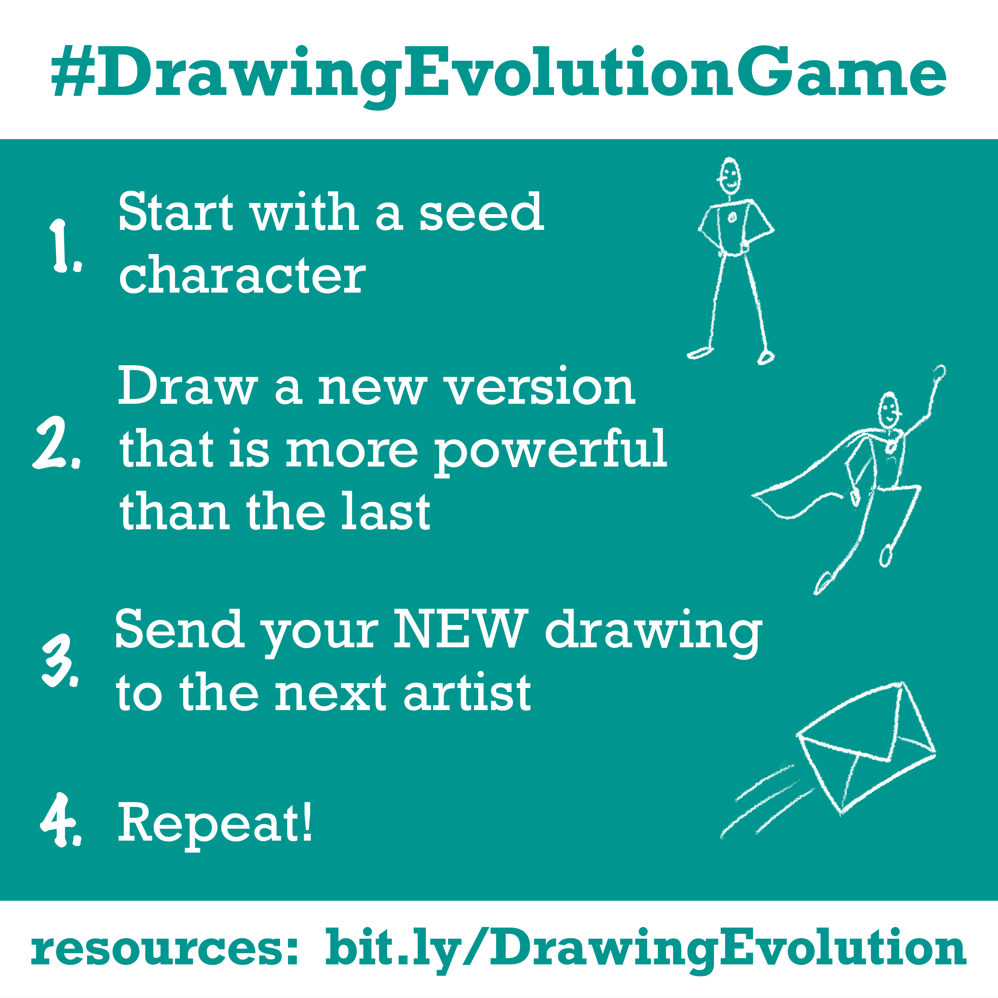 Simplified instructions for the #DrawingEvolutionGame in a convenient square format for social sharing
