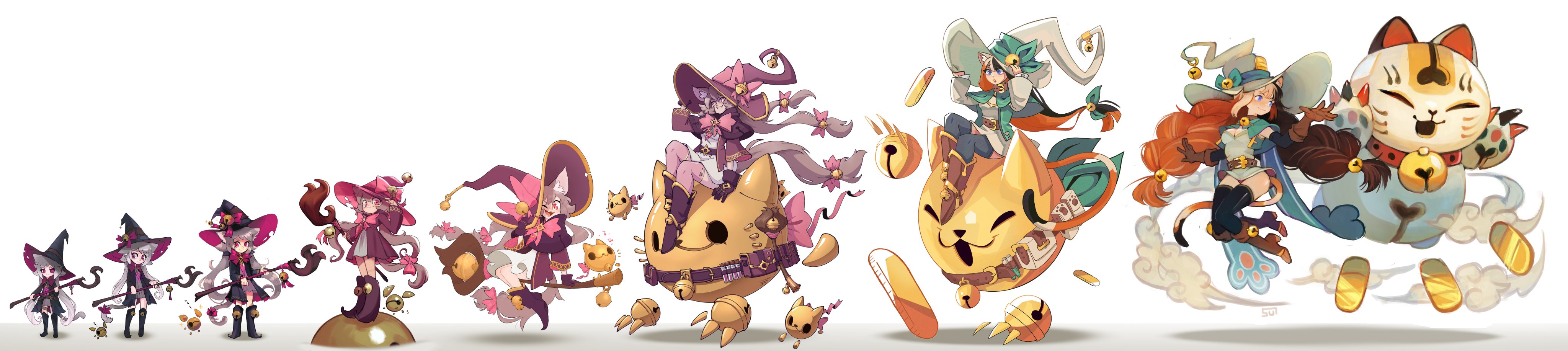 This drawing evolution example transforms the tiny witch into a friendly enchantress with a giant calico cat familiar