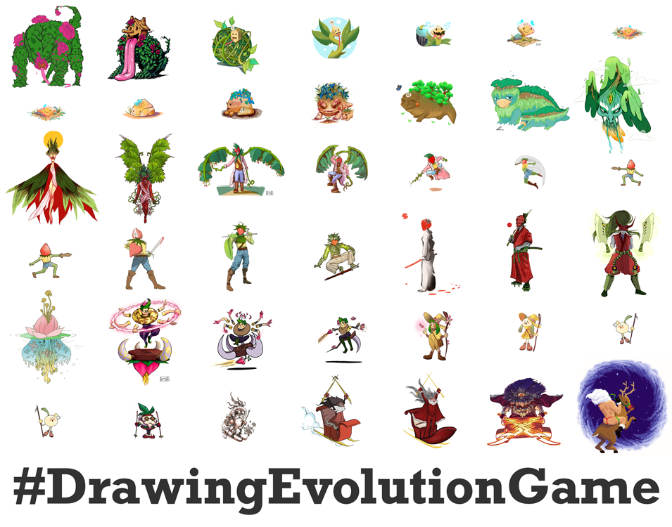 Grid of all the completed drawing evolutions with the hashtag #DrawingEvolutionGame