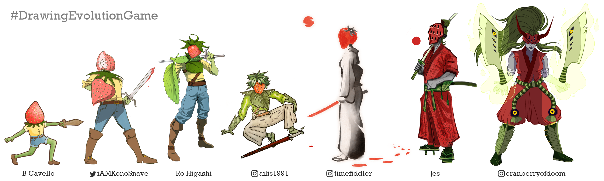 Evolution of the tiny strawberry-headed starter seed wielding a wooden sword into an armless double-cleaver wielding sorcerer