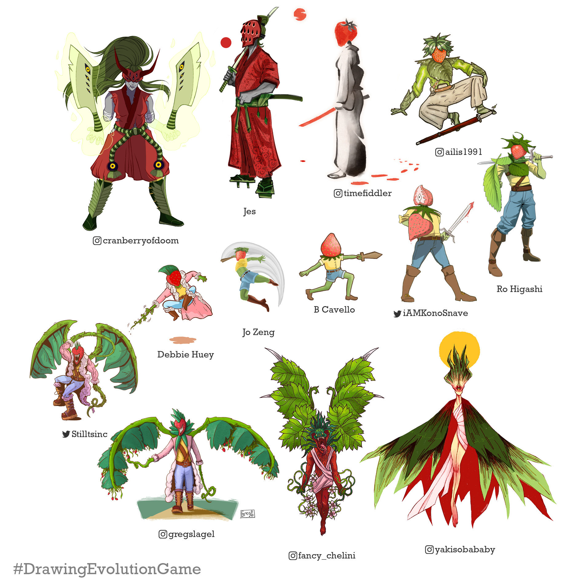 A compilation of evolutions of the strawberry character from both branches arranged in a seamless swirl from the final form at the end of one branch (cleavers), through the starter seed, and then on to the other final form (angel)