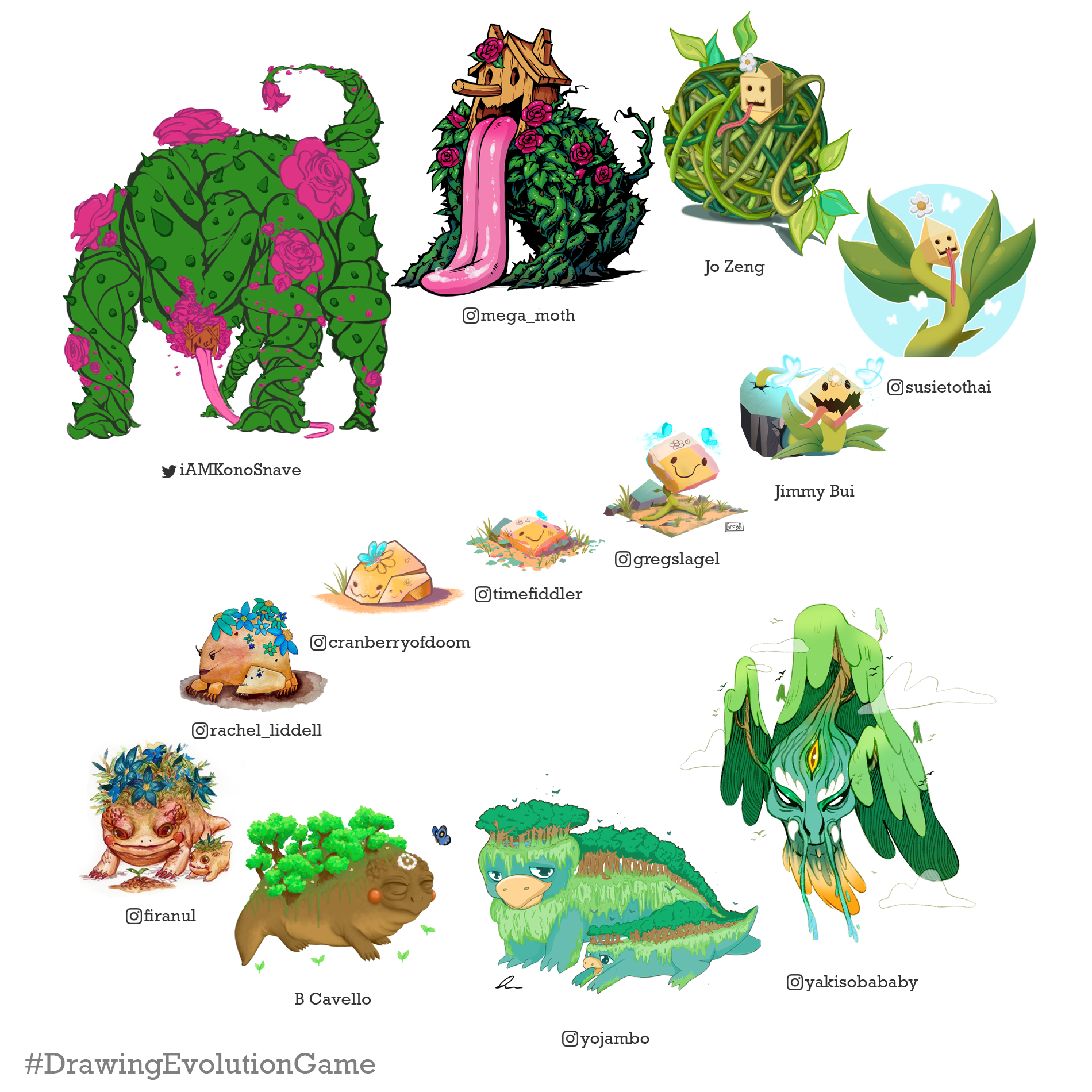 A compilation of evolutions of the smiling stone character from both branches arranged in a seamless swirl from the final form at the end of one branch (cactus-beast), through the starter seed, and then on to the other final form (ancient floating island)