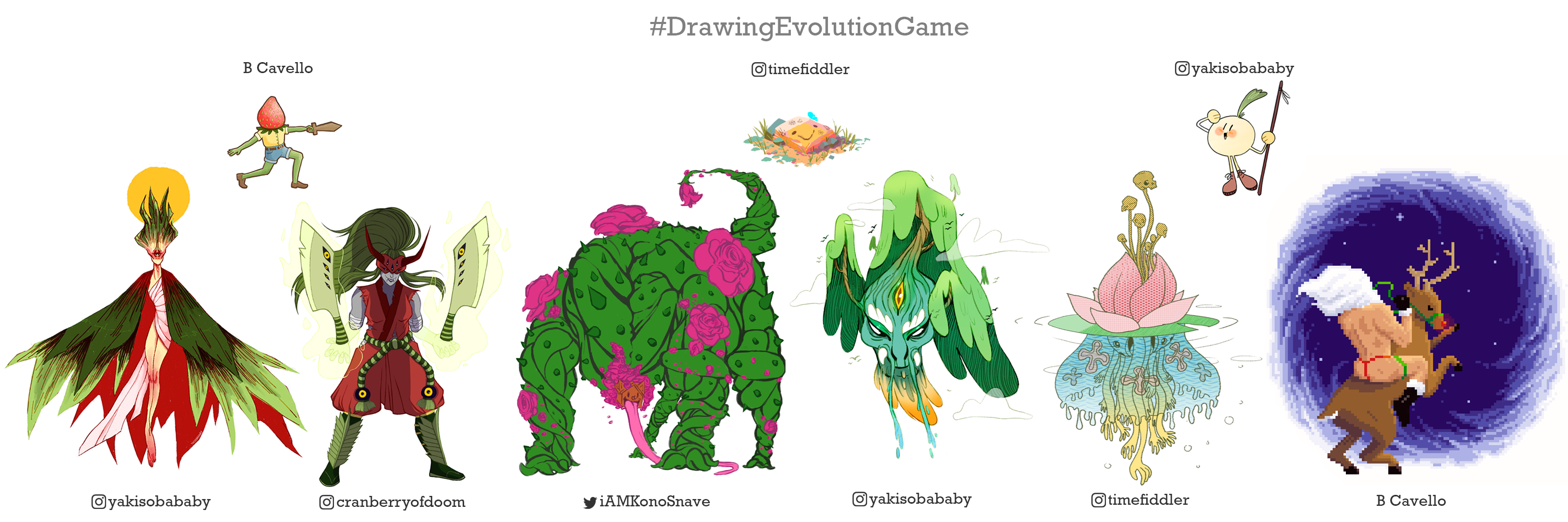 Compilation of all the seed characters with their final evolutions drawn by B Cavello, YakisobaBaby, CranberryOfDoom, TimeFiddler, and iAMKonoSnave