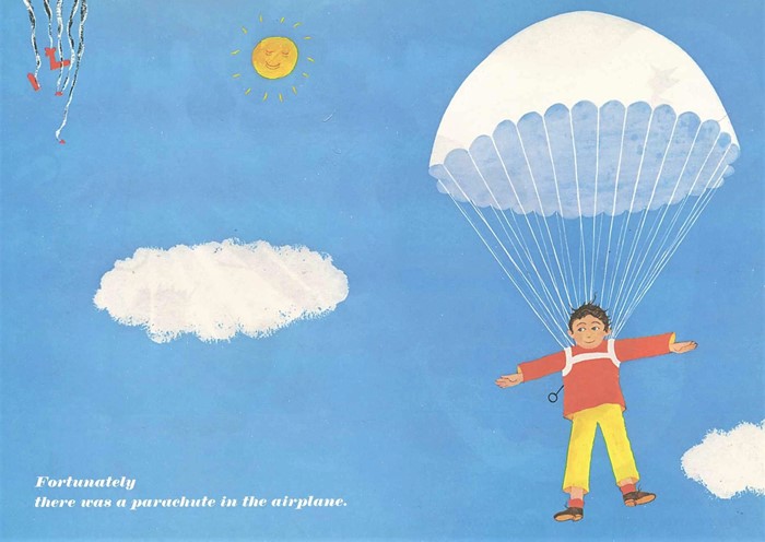 Illustration from 'Fortunately' childrens book showing a boy floating in the sky with a parachute as airline debris falls behind him. The text on the page reads 'Fortunately, there was a parachute in the airplane.'