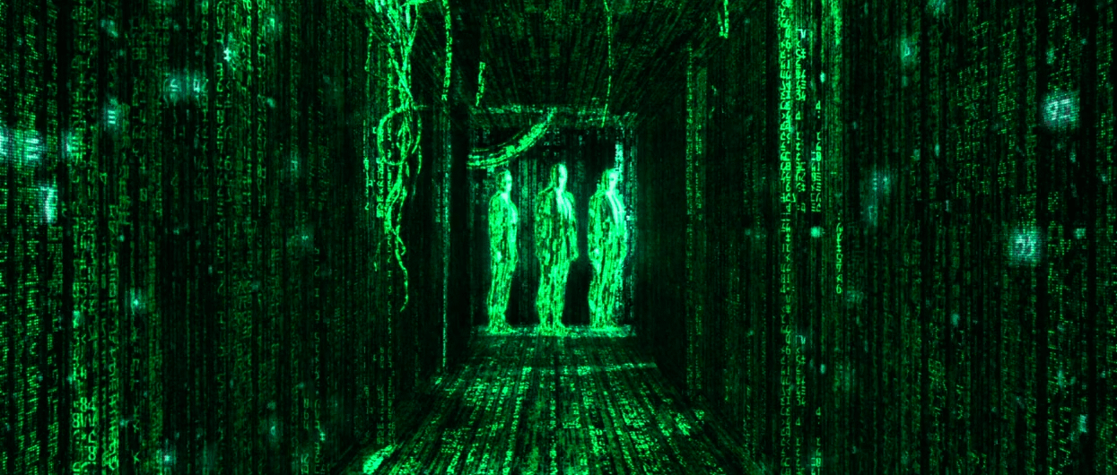 Scene from the Matrix with the world rendered so that the walls and people all look like they're made up of green code on a black screen