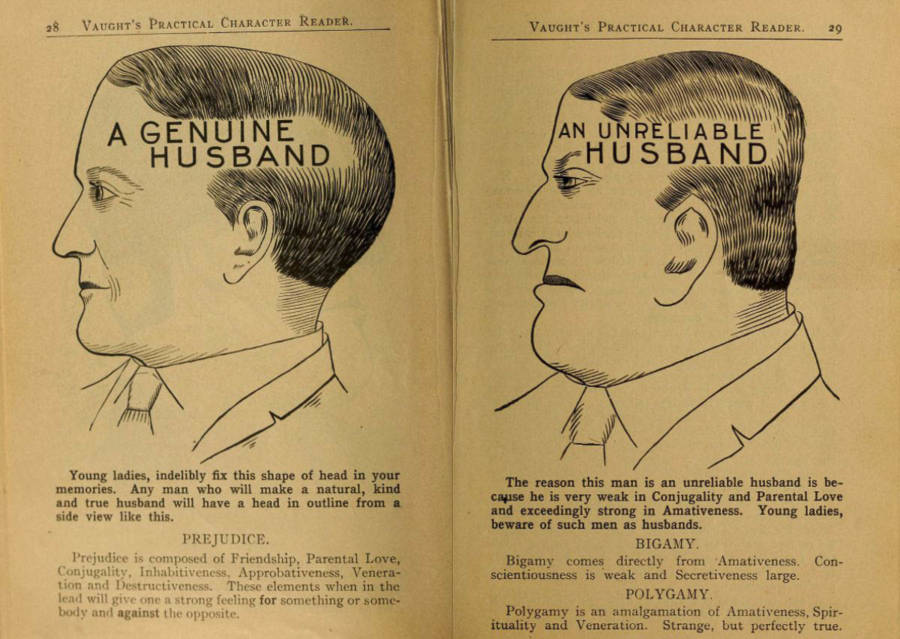 Problematic old phrenology guide shows two different illustrations of men's faces, one labeled "a genuine husband" and the other labeled "an unreliable husband"