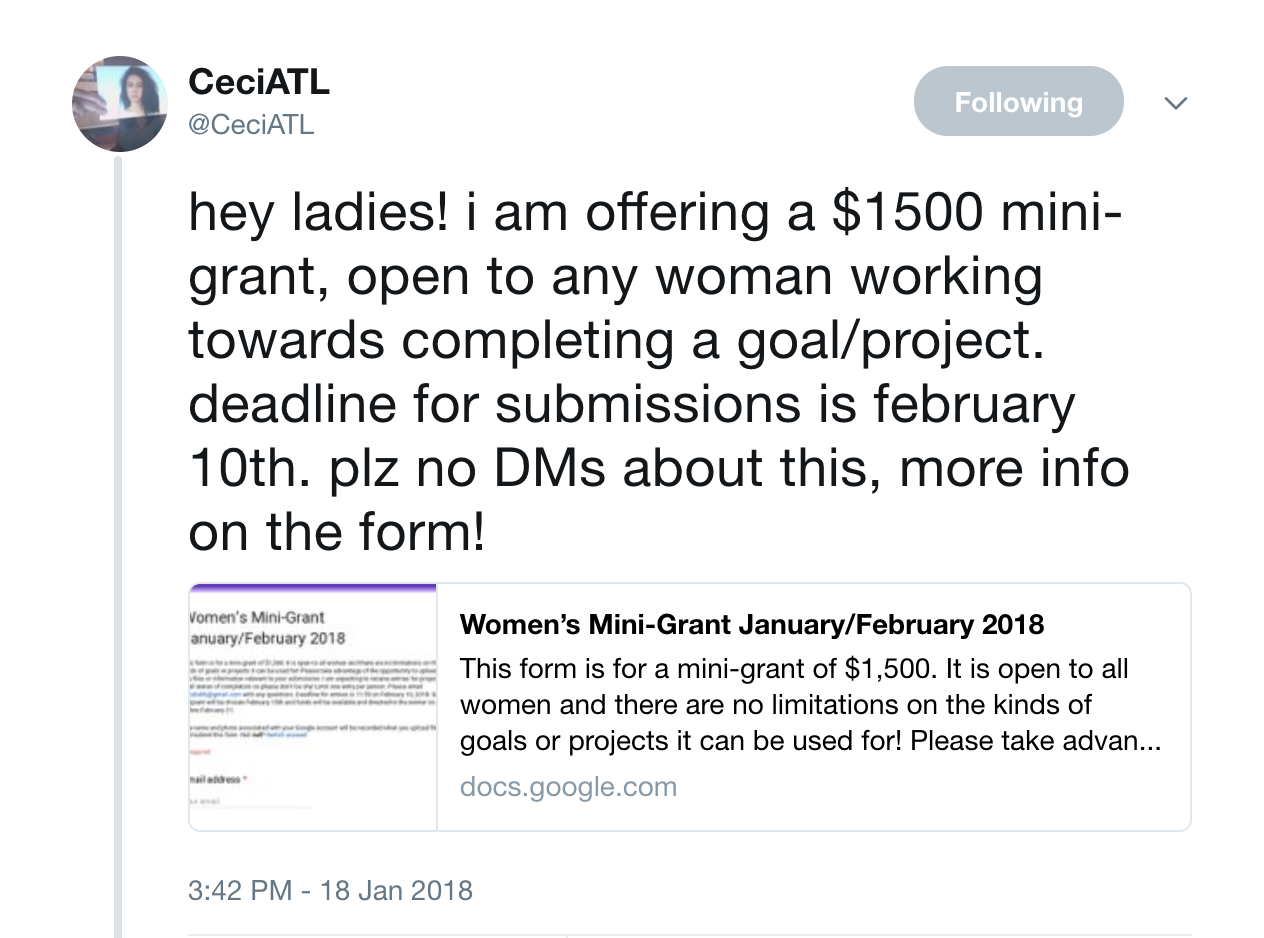 Screenshot of the Tweet from @CeciATL announcing 2018 Mini Grants for Women