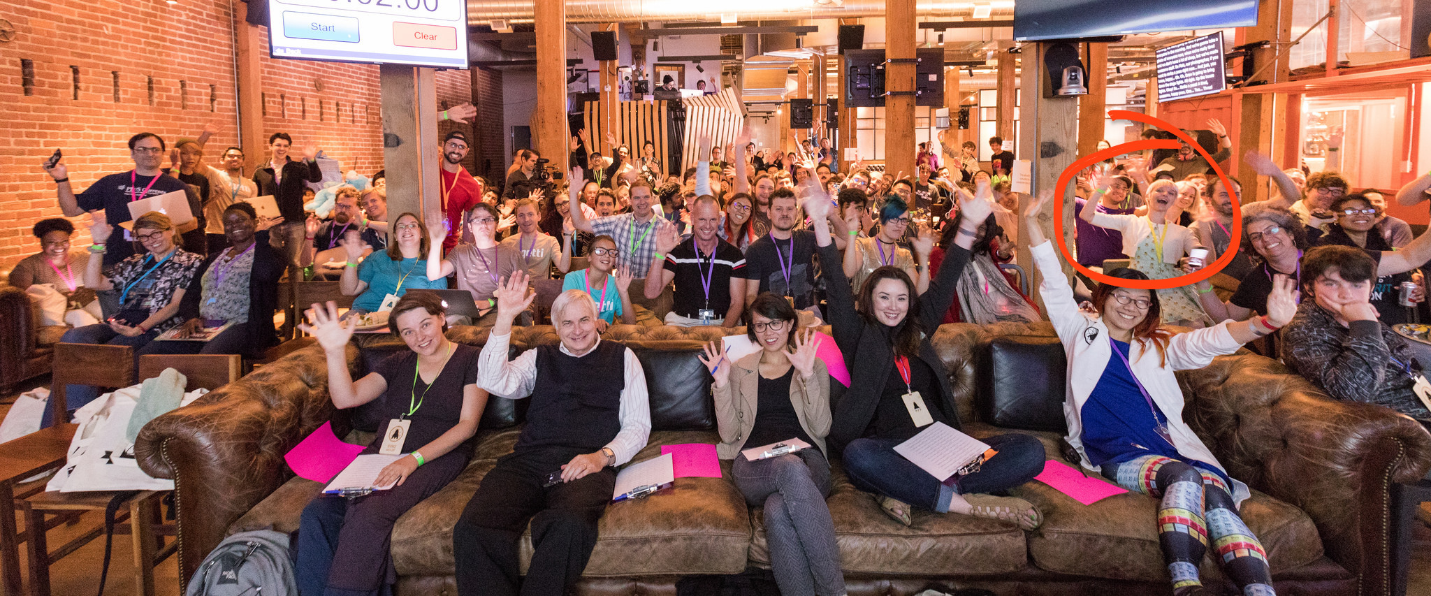 Group photo by Matt Biddulph of Science Hack Day 2017 attendees celebrating completion of hackathon