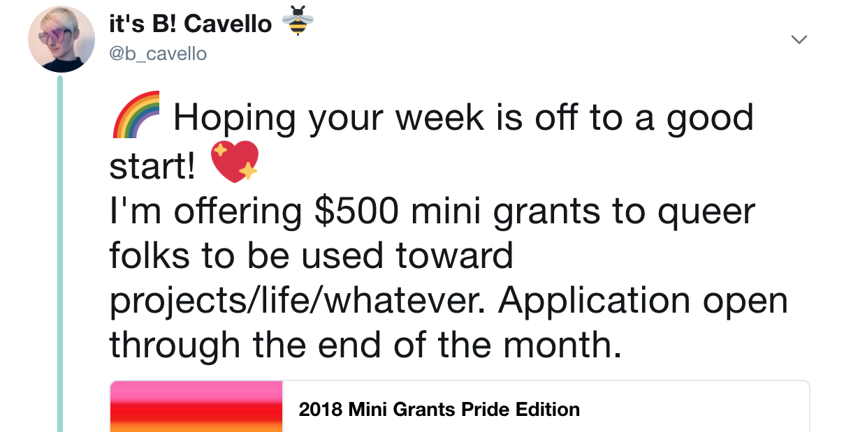 Tweet from @b_cavello announcing the Pride Mini Grants
